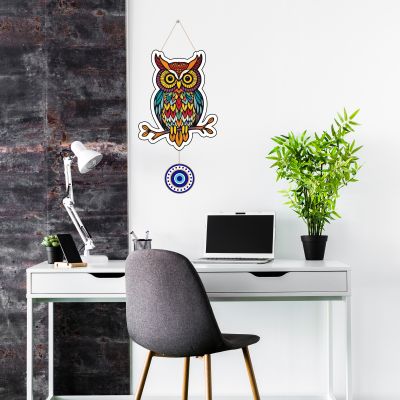 Owl with Evil Eye Wooden Wall Hanging Modern Artwork Home, Office, Living Room Decor Nazar Battu for Entrance Vastu Spiritual Traditional Home Décor